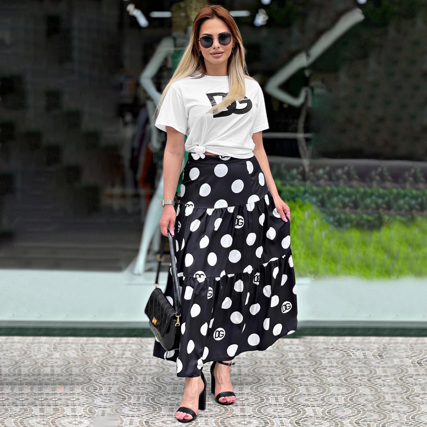Women's Fashion Sexy Short Sleeve T-shirt Elegant Chic Print Flared Skirt Two-Piece Set