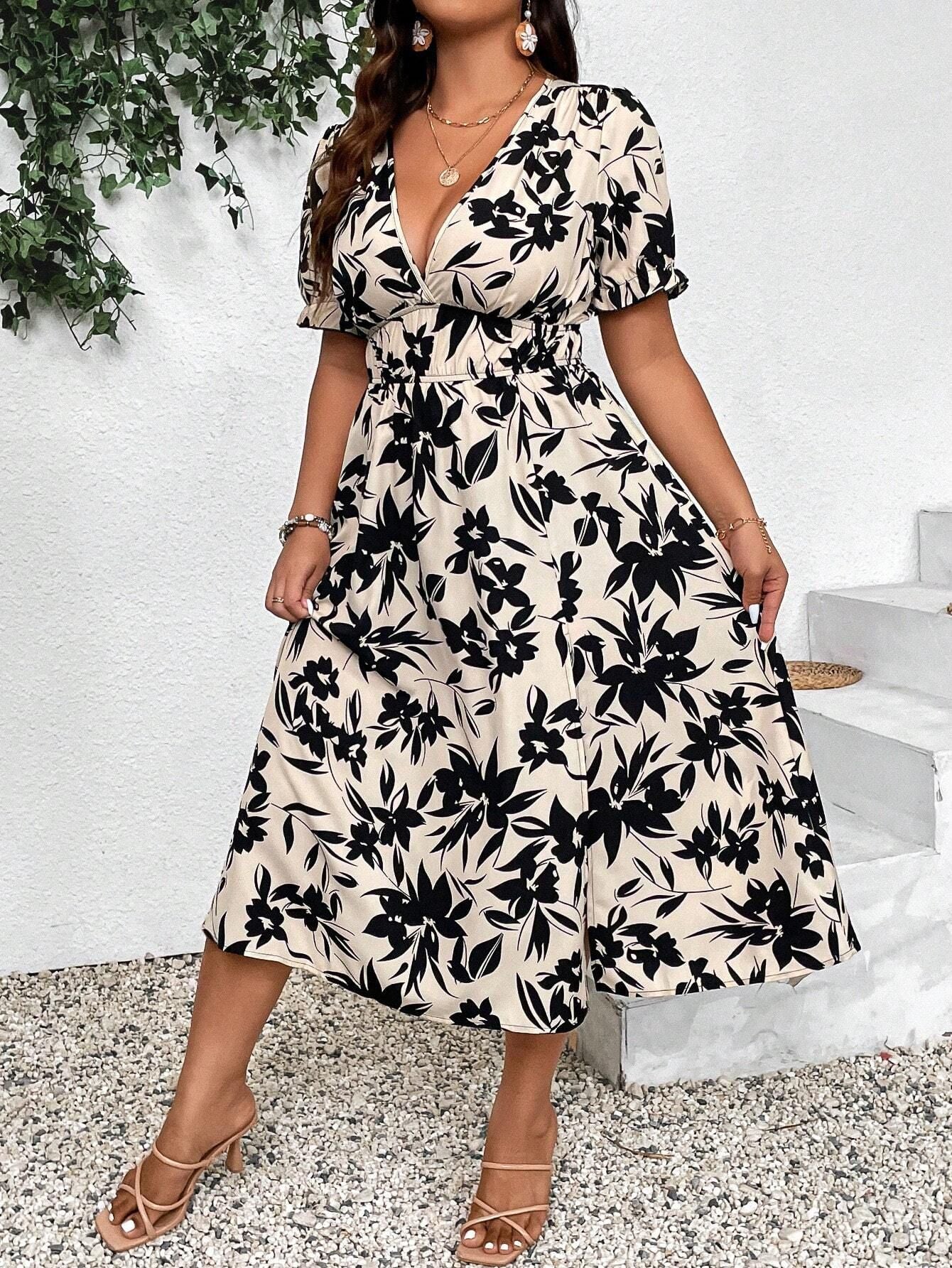 Plus Size Women's V-Neck High Waist Printed Dress 4
