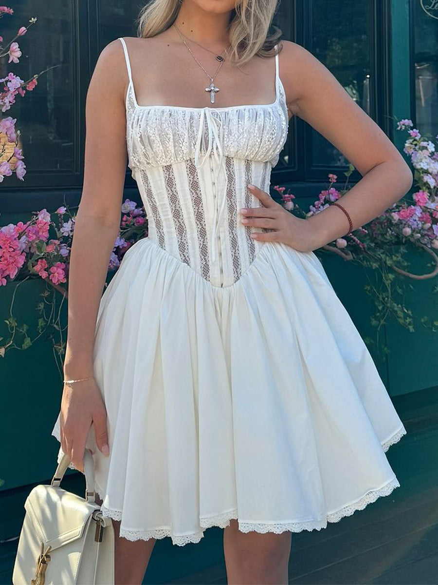 Women Sexy Lace Backless Sexy White Suspender Skirt Tutu Skirt