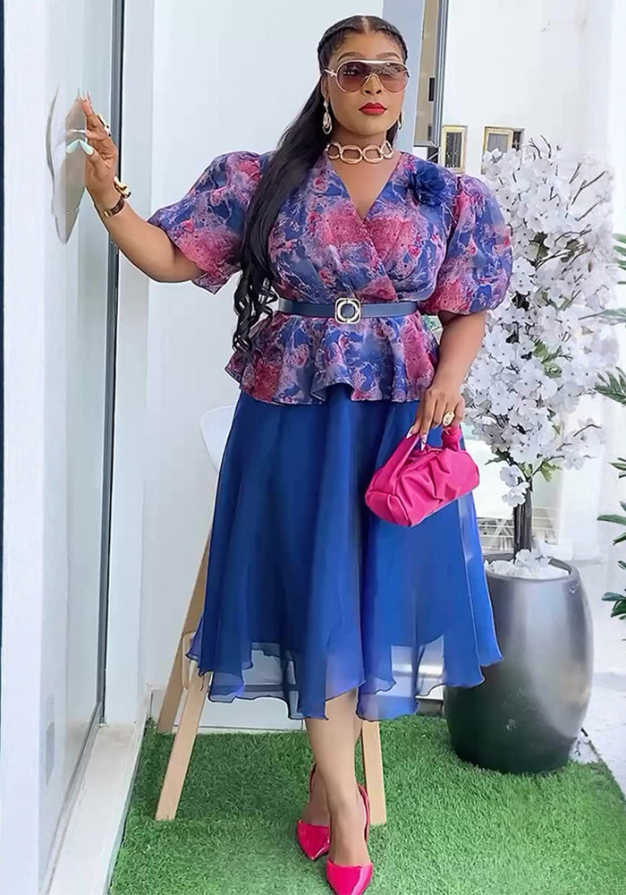 Plus Size African Women Puff Sleeve Elegant Print Maxi Dress