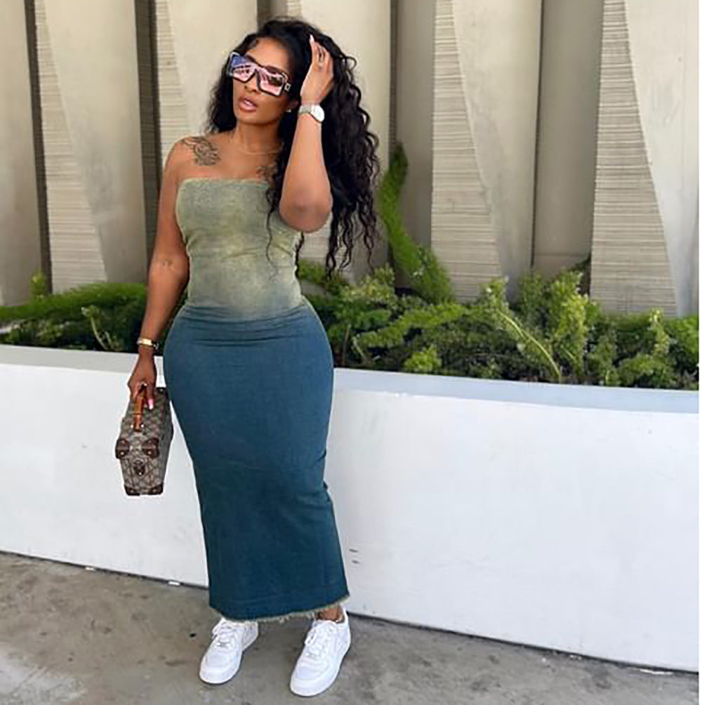 Women's Sexy Gradient Strapless Slit Bodycon Stretch Denim Dress 5