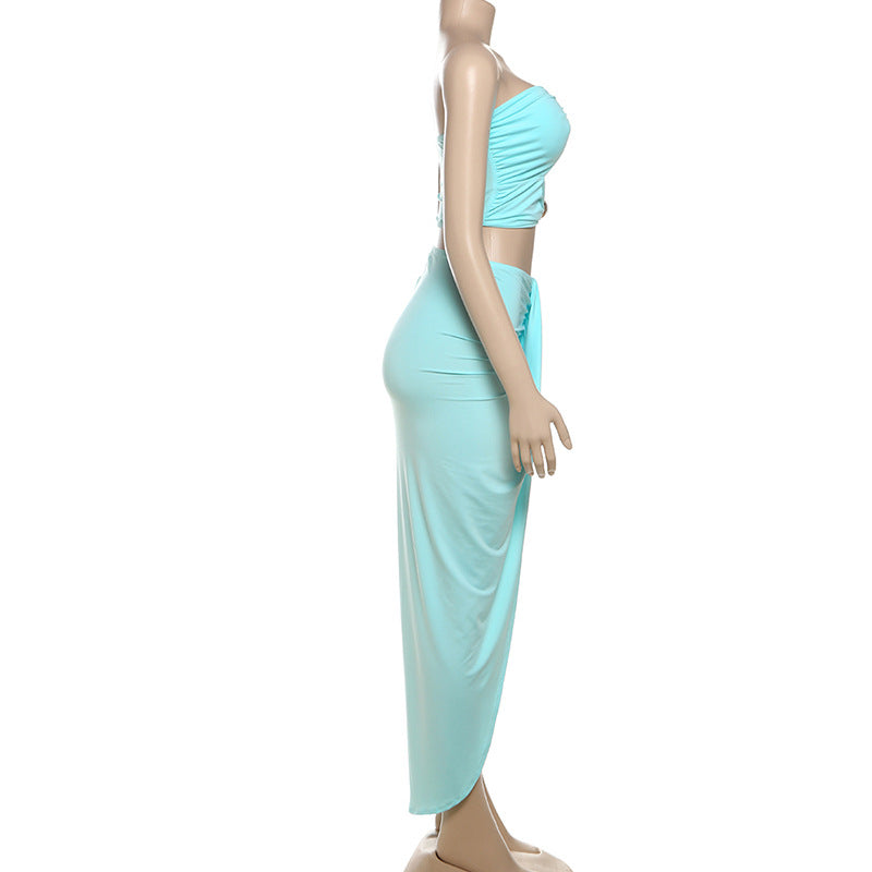 Summer Hollow Low Back Strapless Top and High Waist Solid Color Slit Skirt Set for Women 11