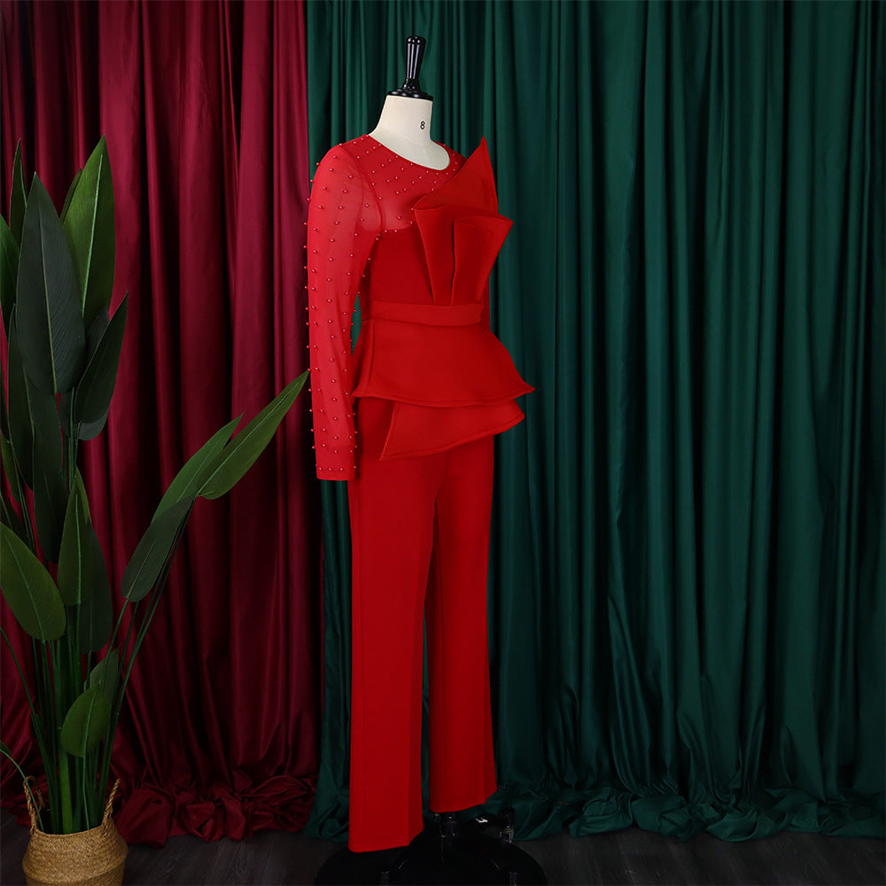 Long Sleeve Chic Mesh Patchwork Beading Slim Fit Formal Party Plus Size Jumpsuit 20