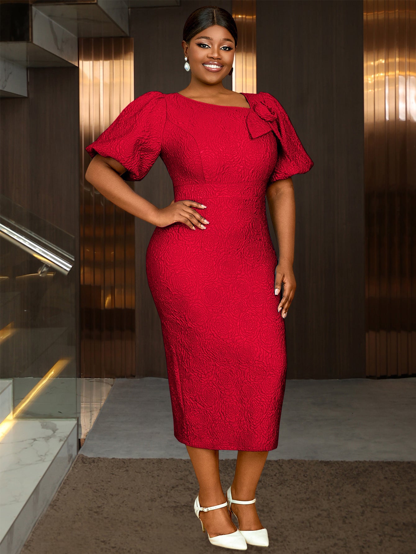 Plus Size Asymmetrical Puff Sleeve High Waist Jacquard Formal Dress 7