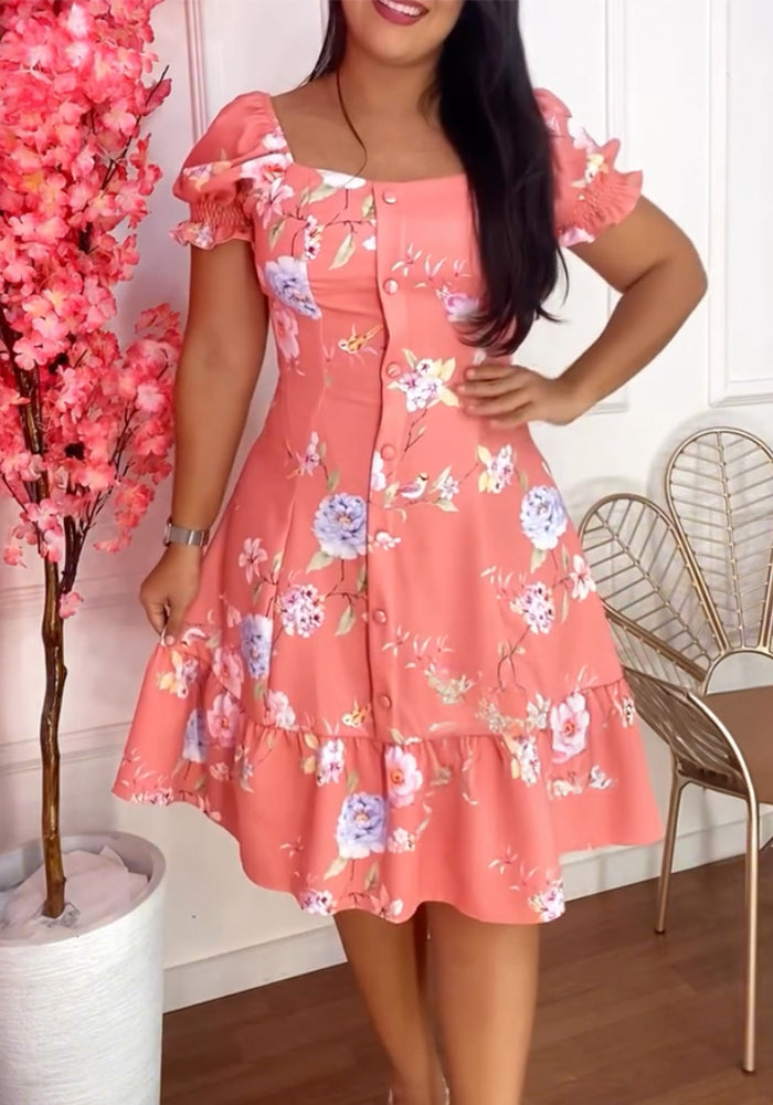 Summer Floral Printed Square Neck Puff Sleeve Patchwork Dress