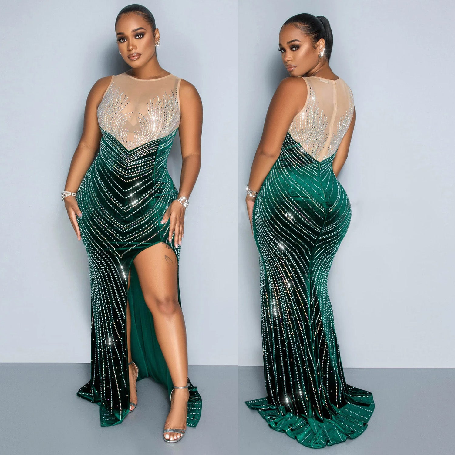 Spring Velvet Patchwork Mesh Beaded Sleeveless Nightclub Long Dress 7