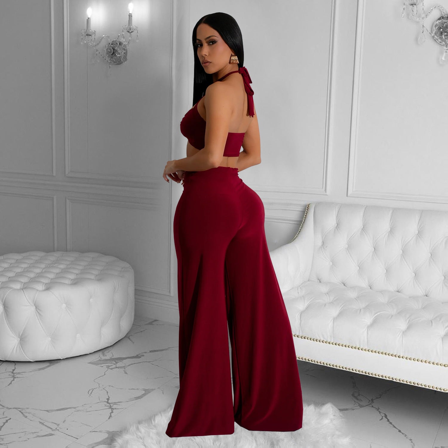 Women solid sexy strapless top and trousers two-piece suit 4