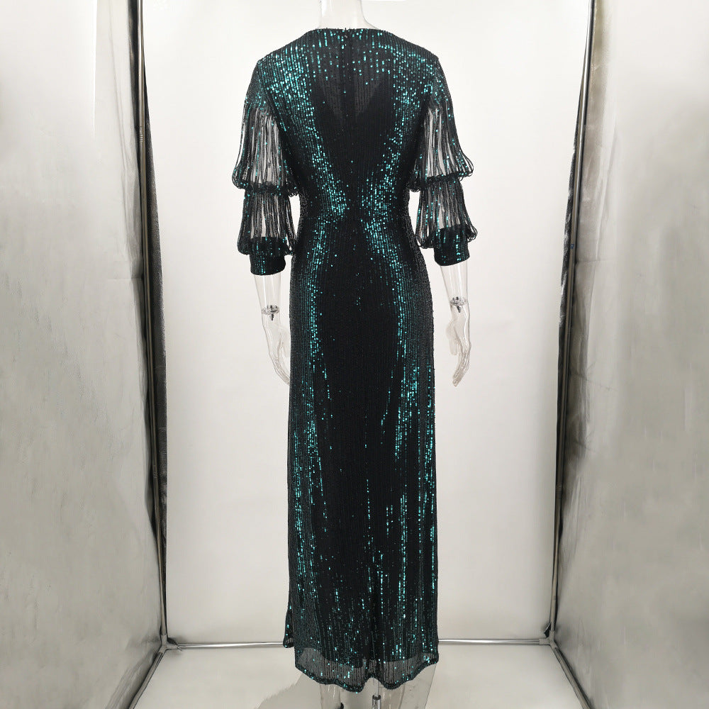 Women Sexy Vintage Green Sequin Dress 12