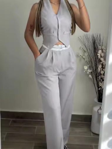 Women vest and Contrast color high waist wide leg pants Casual two-piece suit 5