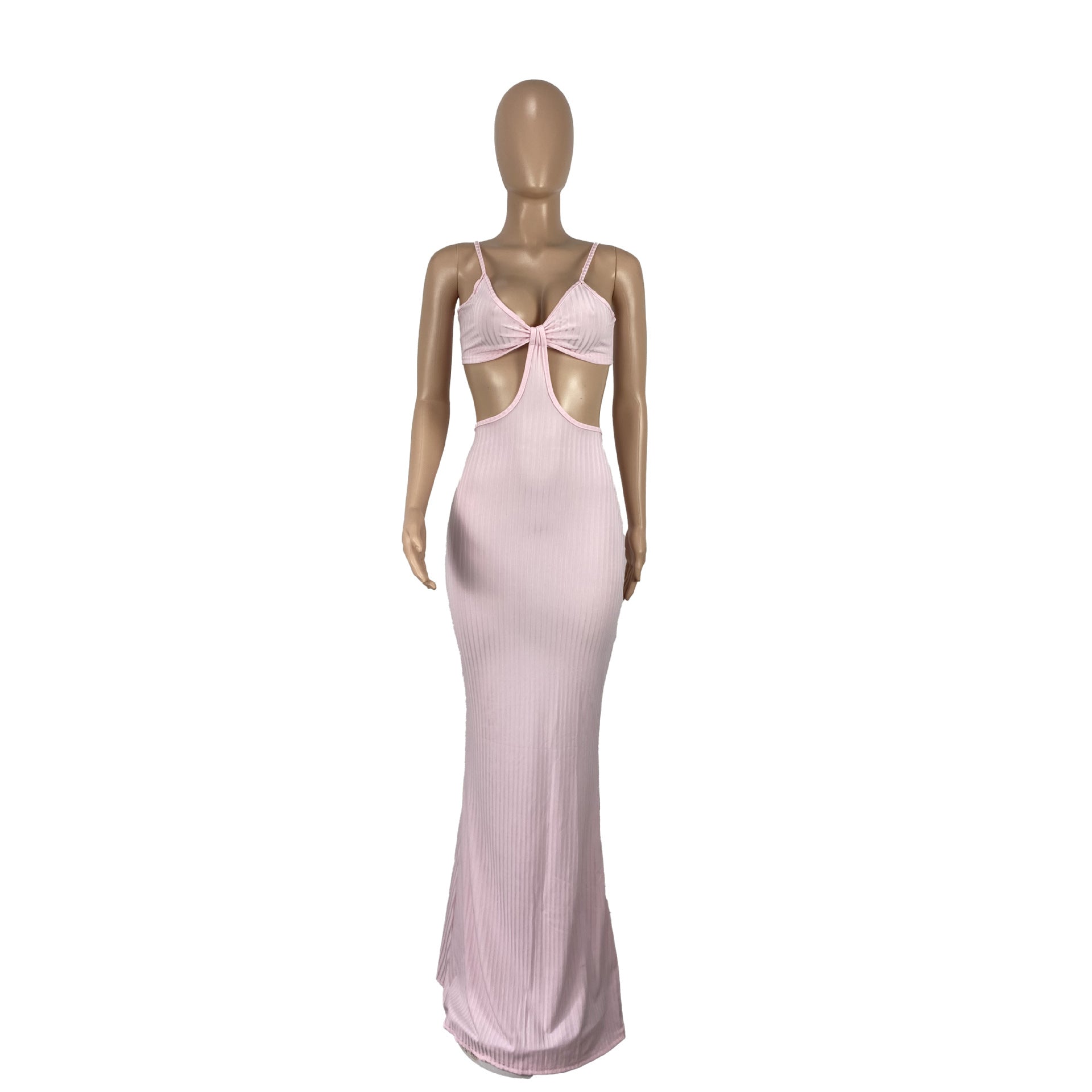 Women's Solid Color Strap Hollow Waist Long Dress 15