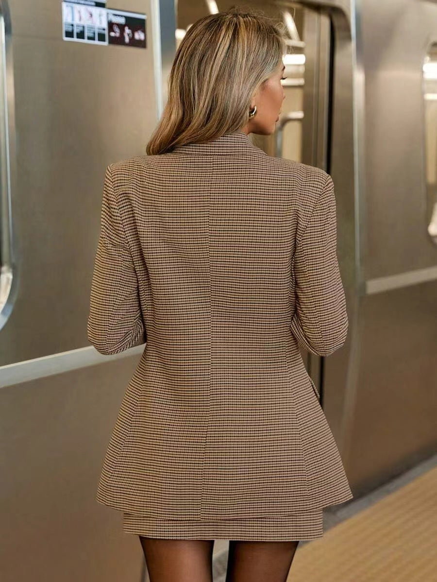 Women Fall Houndstooth Textured Blazer and Skirt Two-Piece Set 4