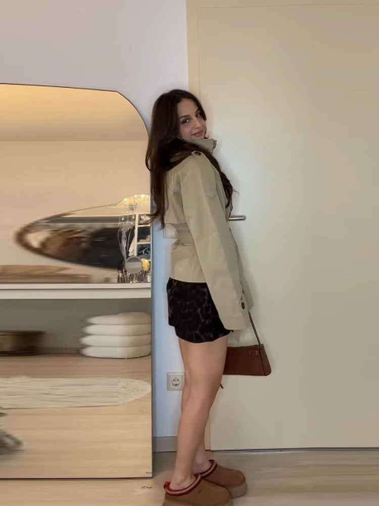 Women Fall Stand Collar Lace-Up Crop Jacket 9