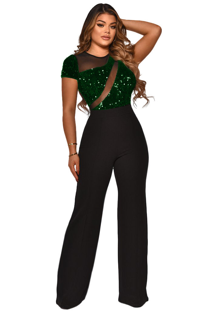 Women Irregular Sequin Patchwork Short Sleeve Jumpsuit 6