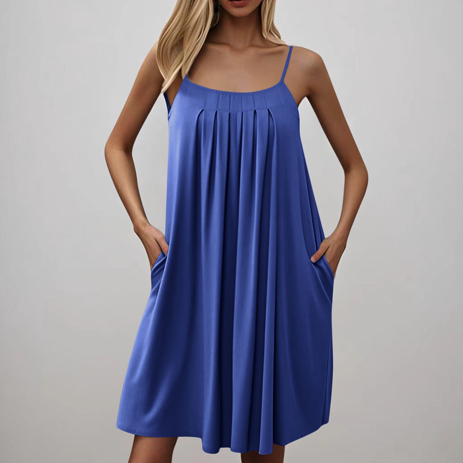 Women's Spring & Summer U-Neck Solid Color Pocket Strap Casual Dress 6