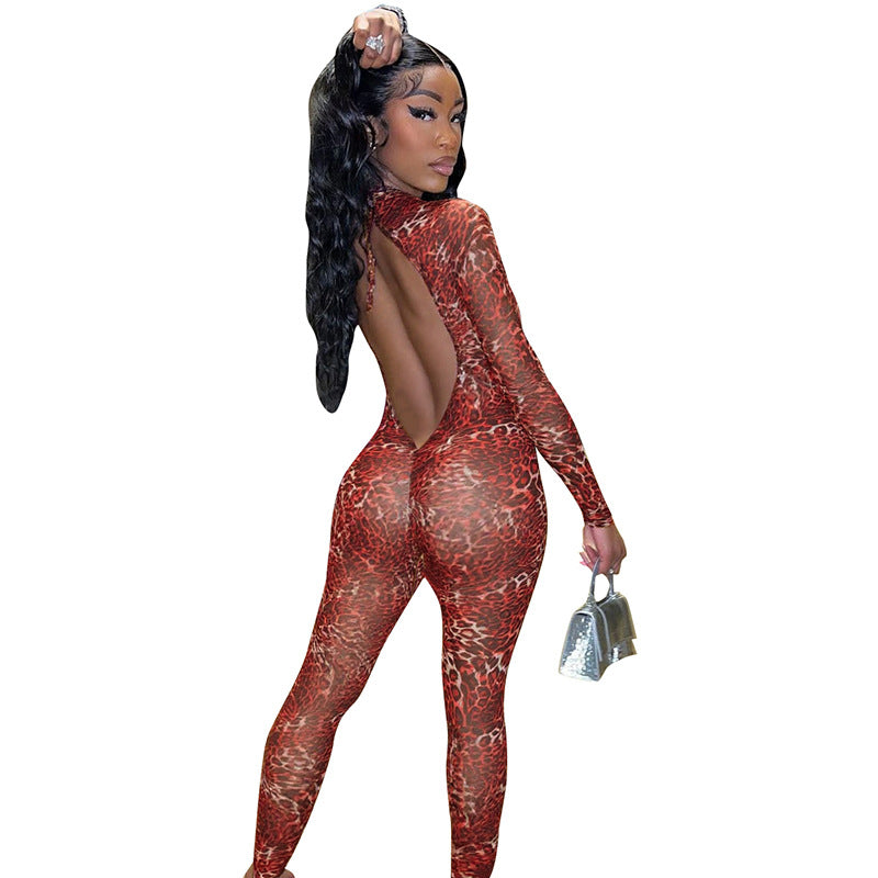 Women Leopard Print Mesh Half High Neck Large Backless Long Sleeve Jumpsuit 14
