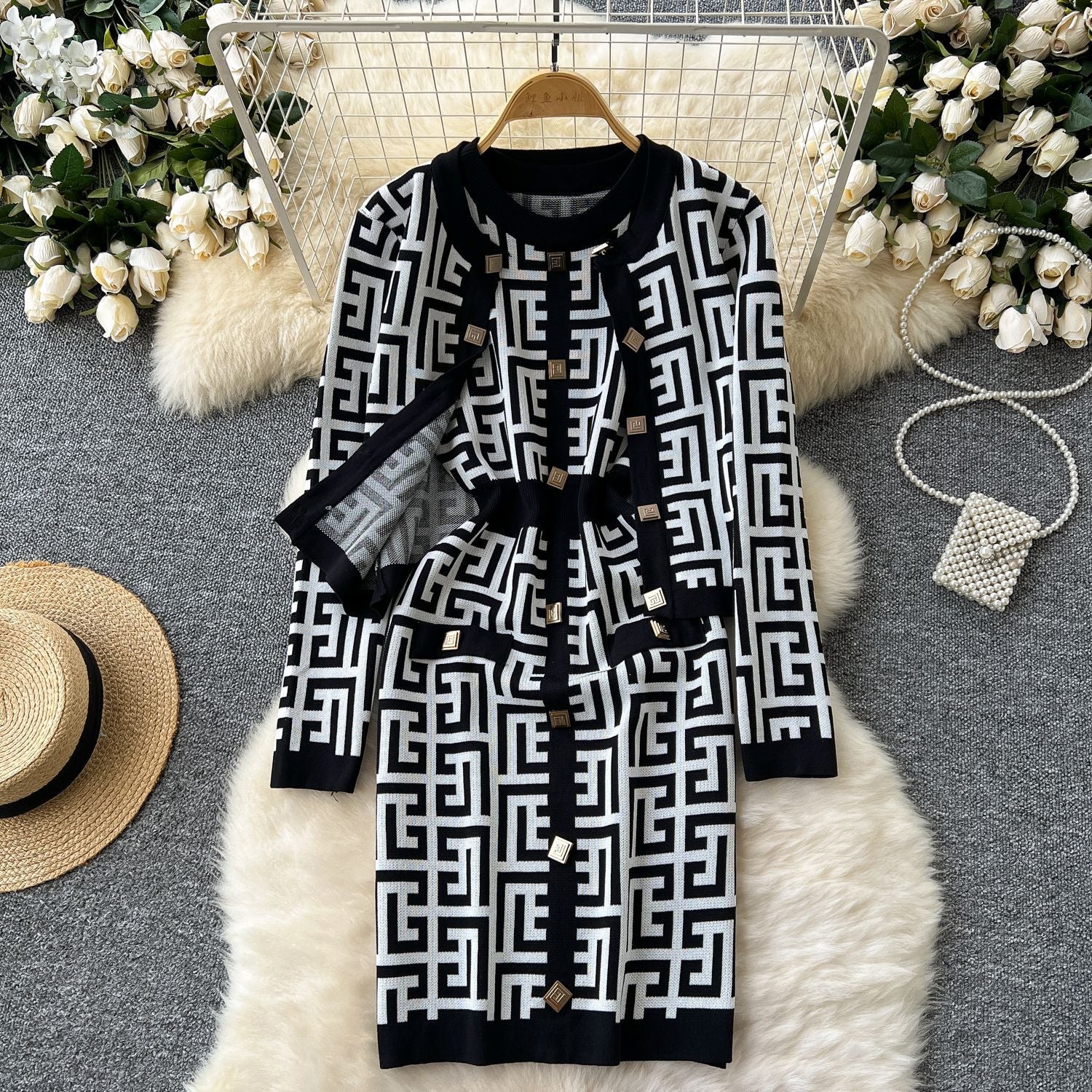 Women Cardigan Jacket Bodycon Dress Knitting Two-Piece Set 3