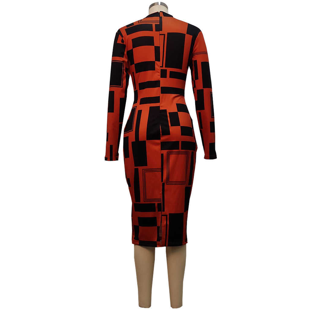 Women's Fashion Digital Printed Long Sleeve Round Neck Sexy Tight Fitting Bodycon Dress 11