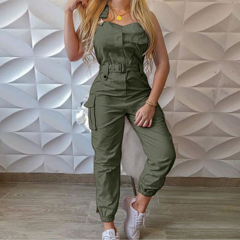 Women's Belt Sleeveless Overalls Cargo Jumpsuit 7