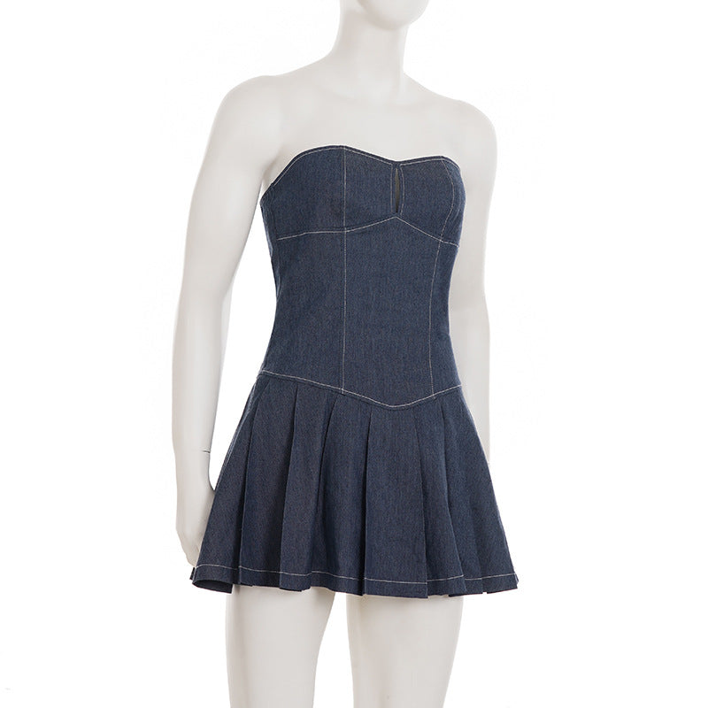 Women Sexy Solid Patchwork Backless Denim Strapless Pleated Dress 8