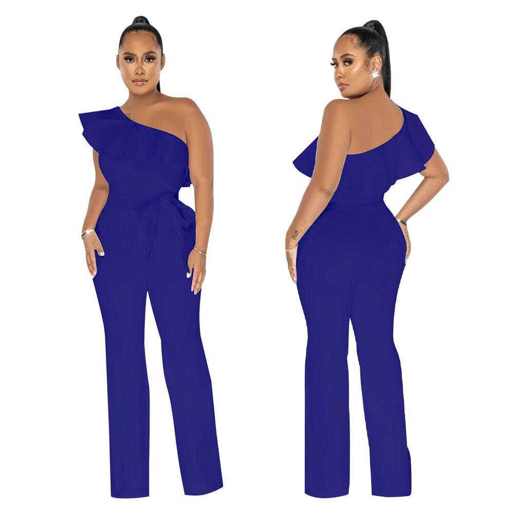 Women Solid Ruffle Jumpsuit with Belt 9