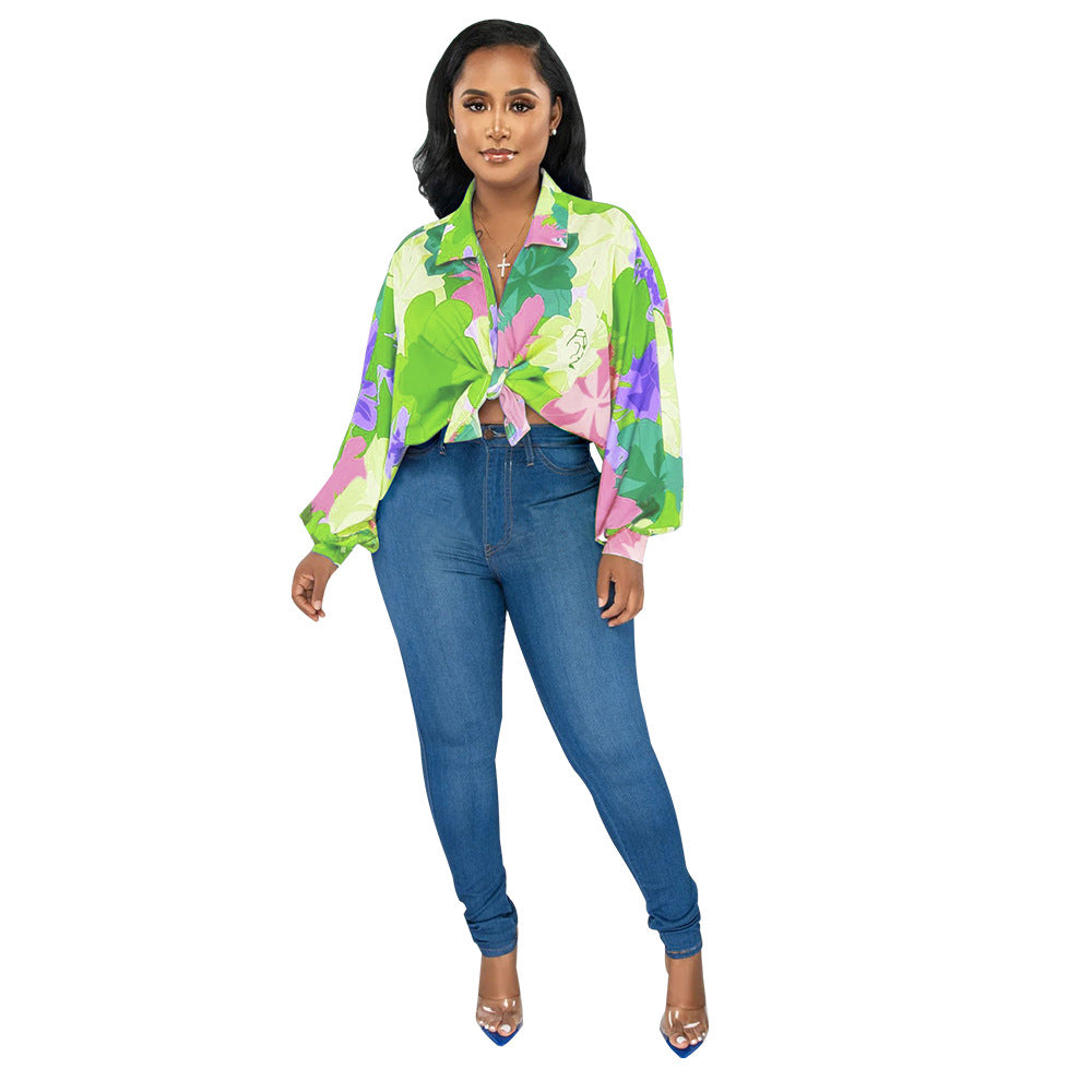 Women's Bat Sleeves Top Turndown Collar Print Shirt 8