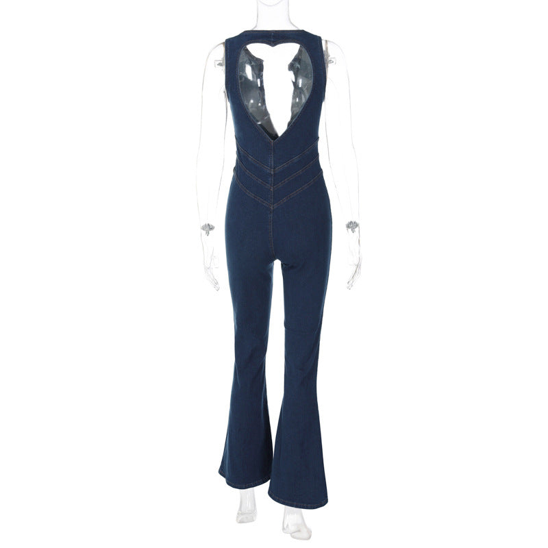 Women's Summer Slim Fit Fashion Low Back Retro High Waist Denim Jumpsuit 11