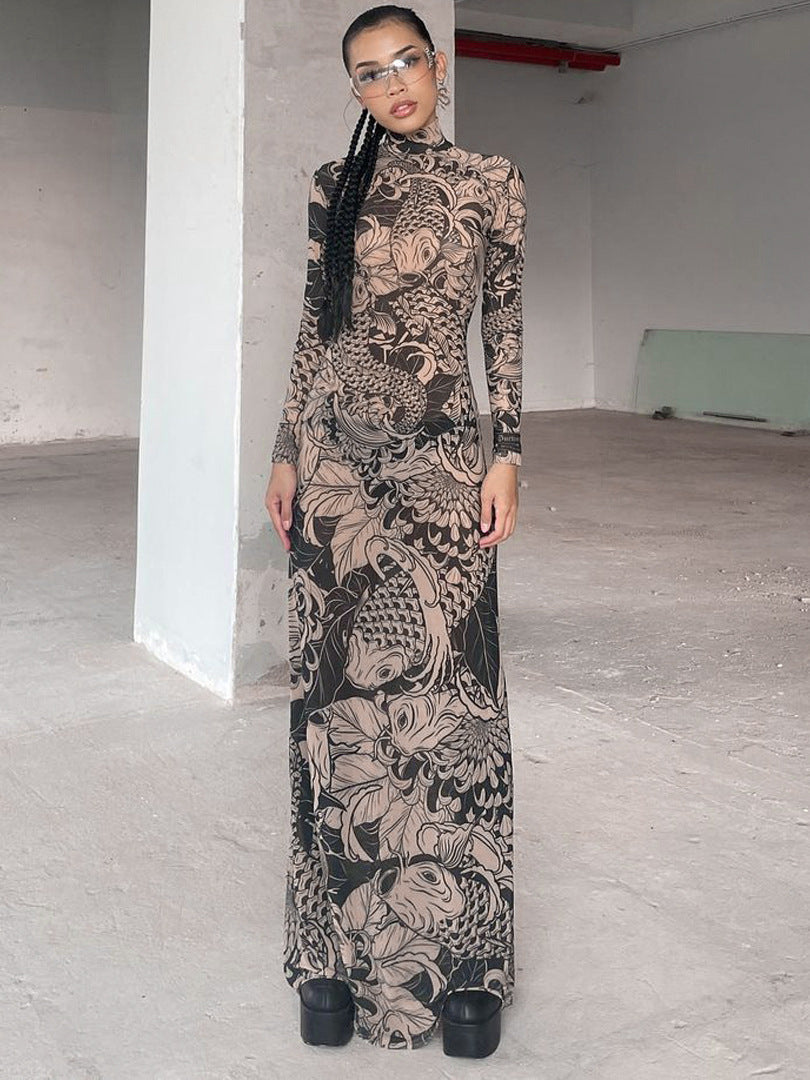 Women's Fall Fashion Mesh Print See-Through High Neck Slim Fit Dress For Women 4