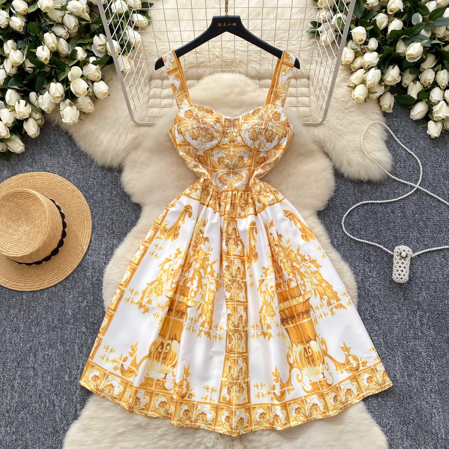 Women French Suspender Printed Strapless Dress 5