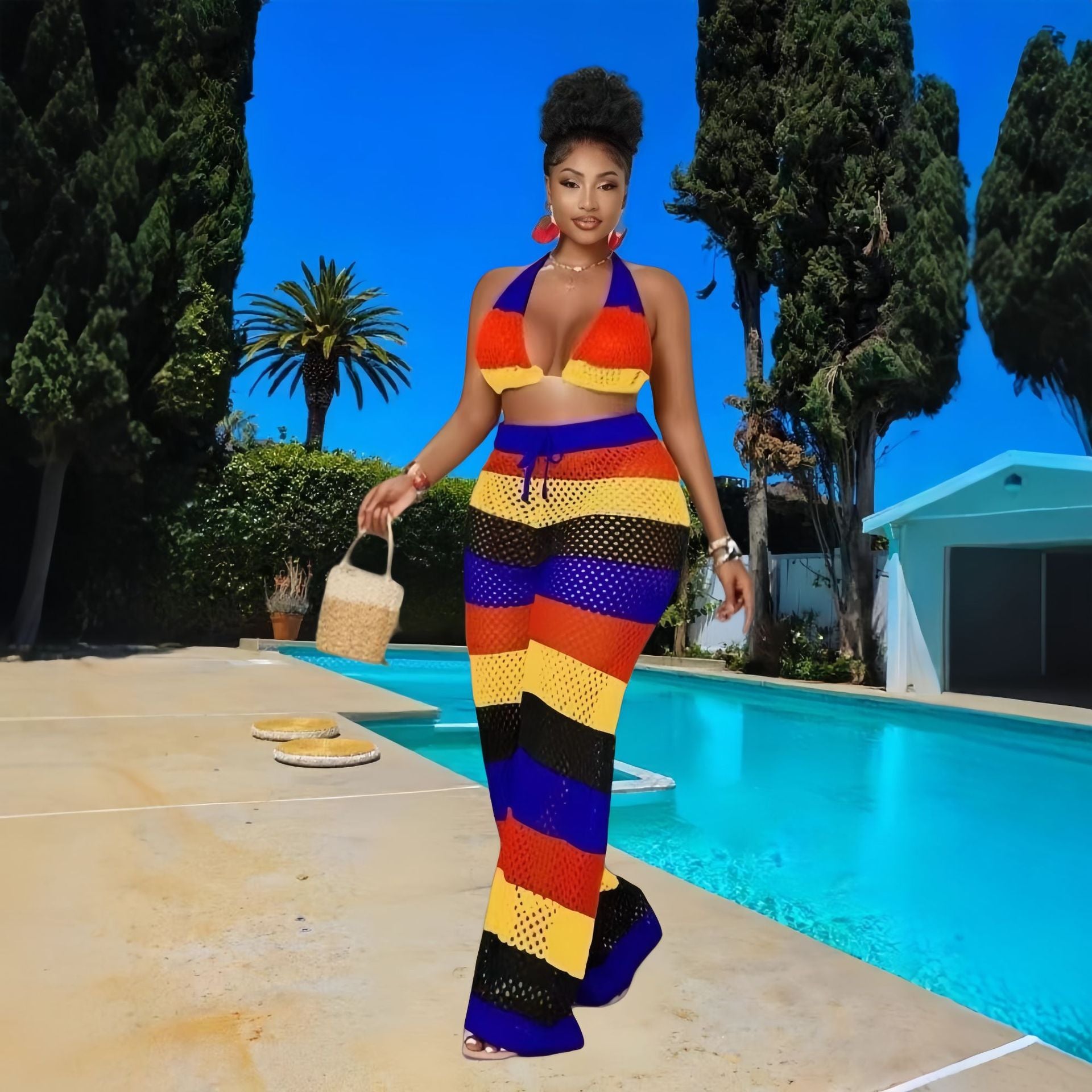 Women multi-color striped halter neck backless top and knitting pant, sexy see-through mesh two-piece set. 7