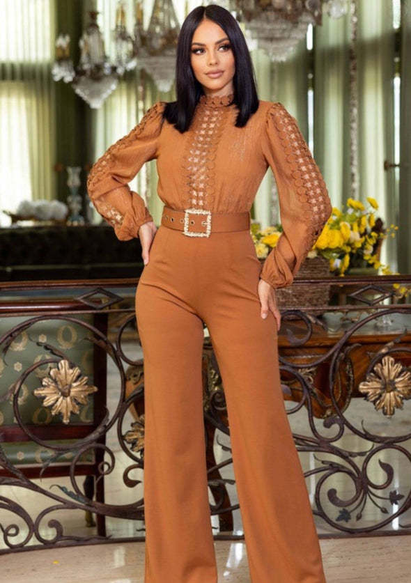 Women Elegant Lace Patchwork Lace-Up Wide-Leg Jumpsuit 7