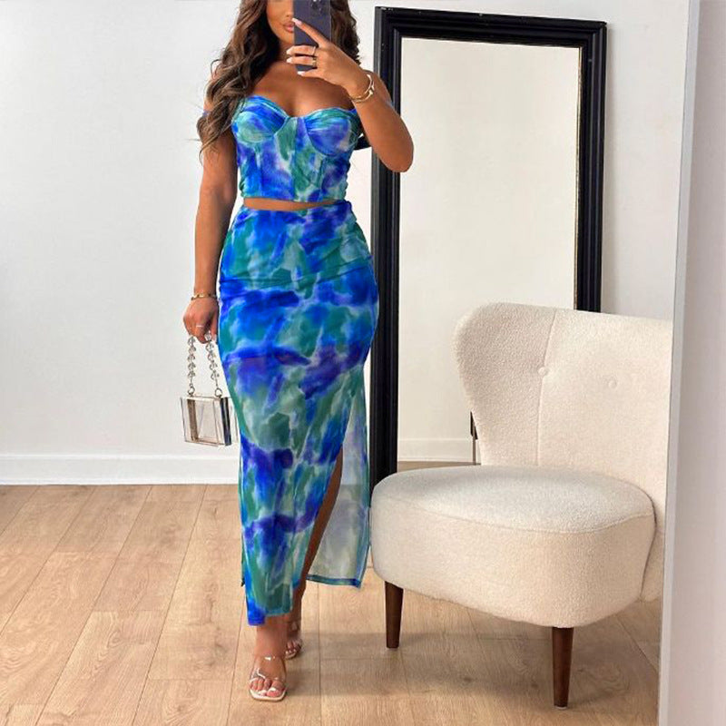 Women Printed Cropped Top and Skirt Two-Piece Set 3