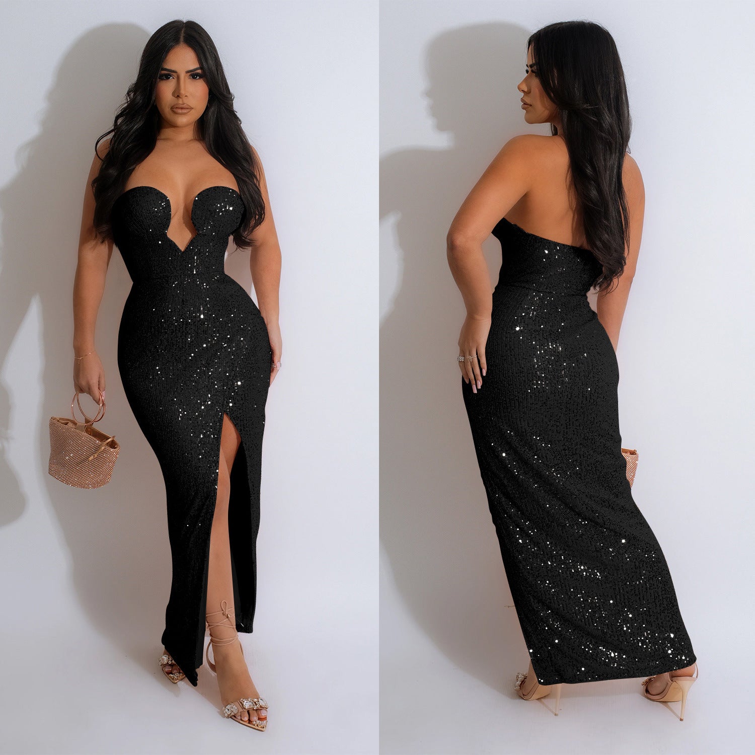 Fashion Women's Solid Color Sexy Sequin Low Back Long Dress 7