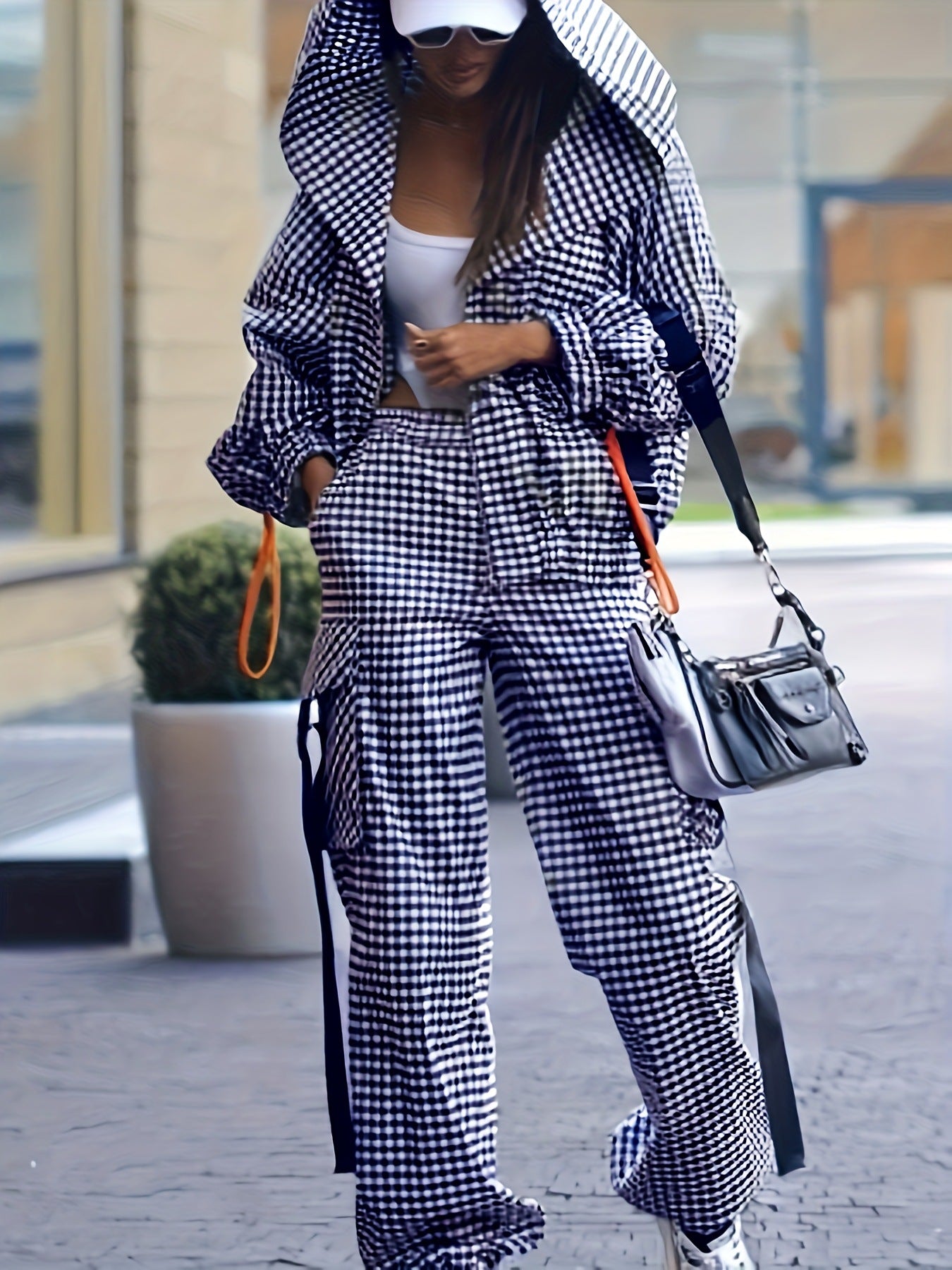 Spring Autumn Women's Fashion Casual Checkered Pocket Hooded Loose Two-Piece Pants Set 8