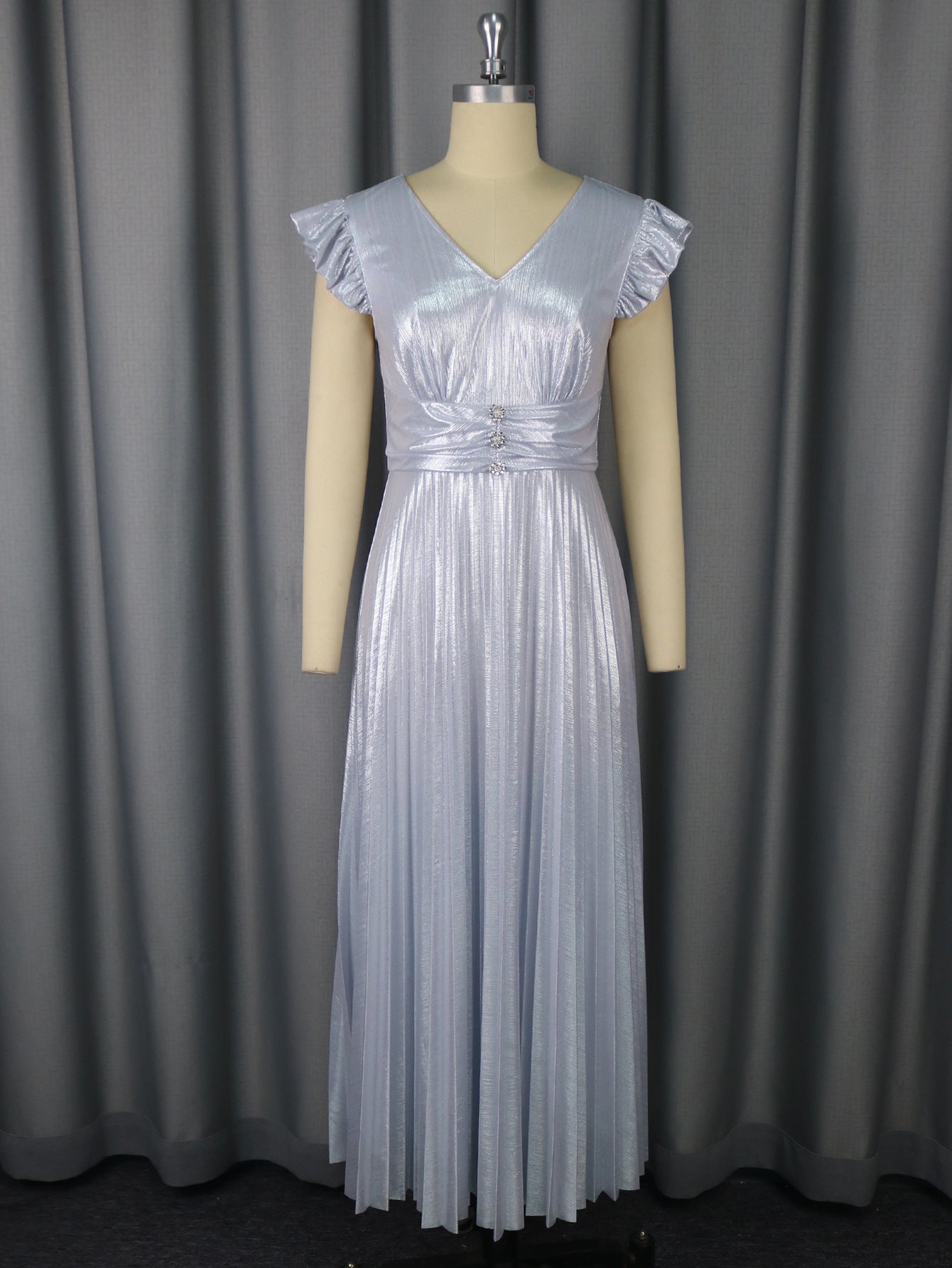 Women bridesmaid dress silver v-neck pleated elegant Formal Party Dress