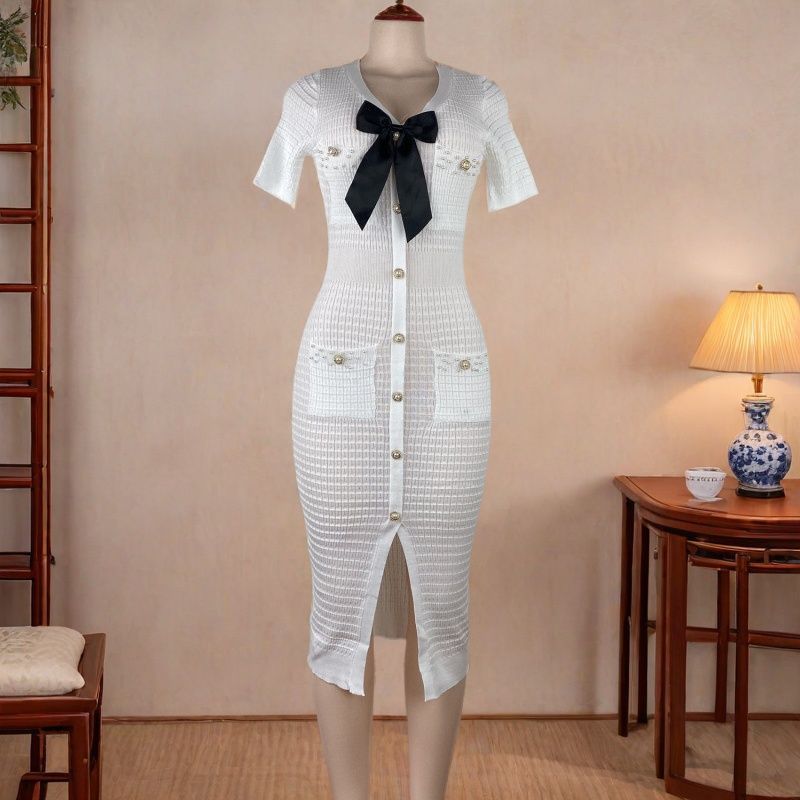 Summer Women's V-Neck Short Sleeve Slim Waist Chic Knitting Dress 3