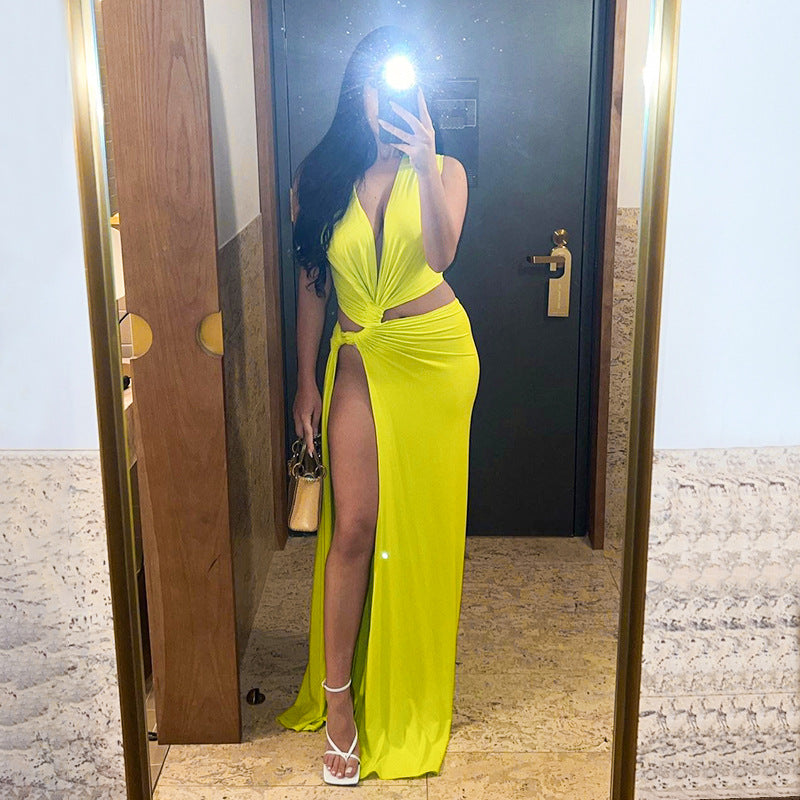 Women's Summer Solid Color Sexy Deep V Hollow Slit Slim Long Dress 14