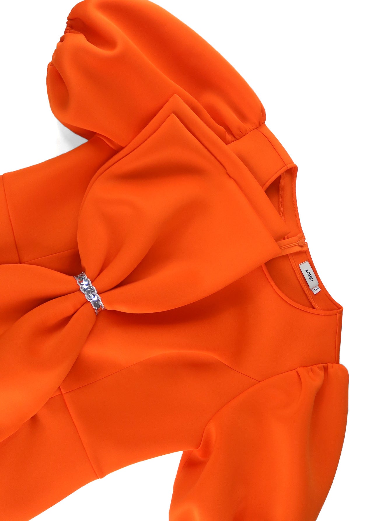 Elegant Puff Sleeve Round Neck Dress Bow Accent High Waist Party Gown 8