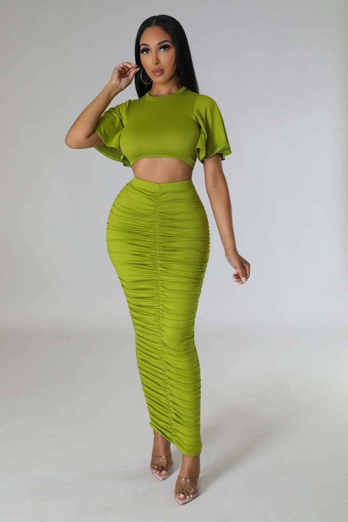 Solid Color Sexy Short-Sleeved Crop Top Slim Long Skirt Two Piece Set 8