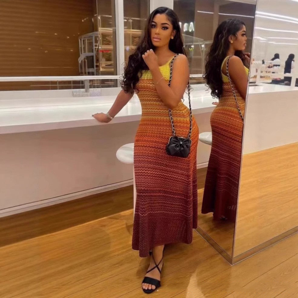 Gradient Striped Knit Sleeveless Strappy Slim Waist Slim Fit Dress