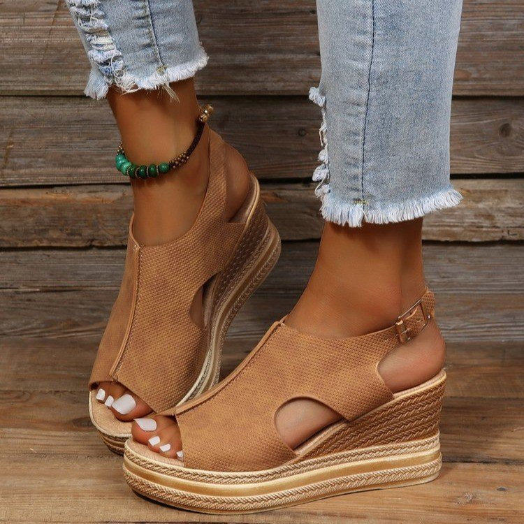 Women Summer Peep-Toe Wedge Open Toe Buckle Strap Roman High Heel Sandals 9