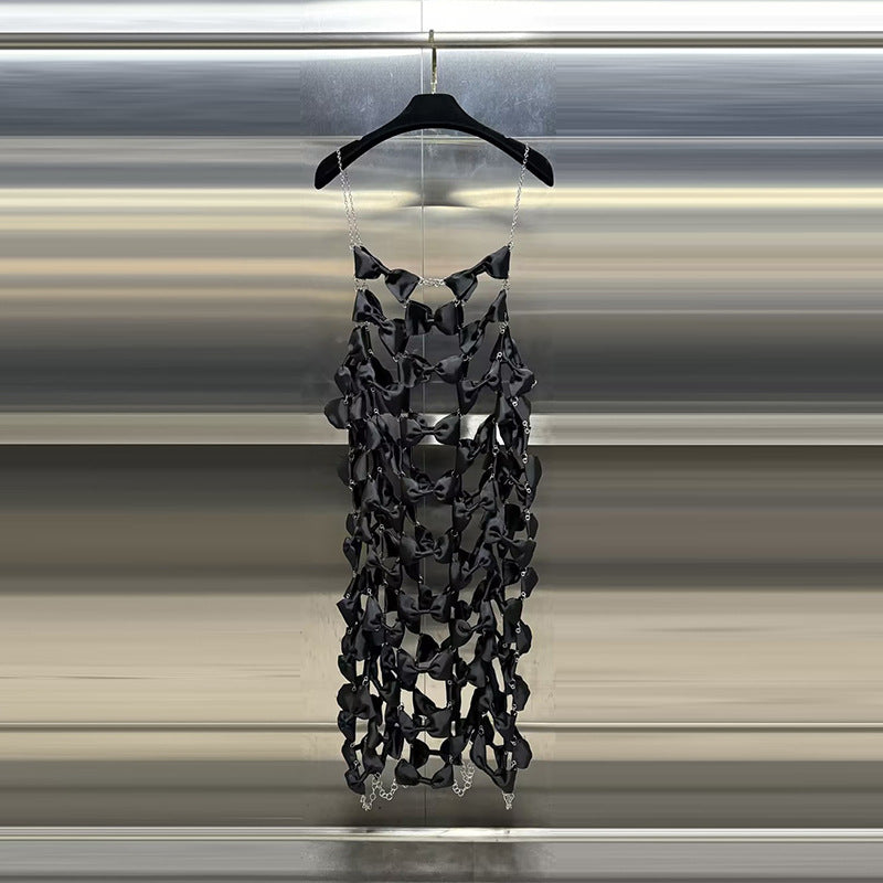 Sexy Solid Color Metal Chain Strap Bow Patchwork Dress 7