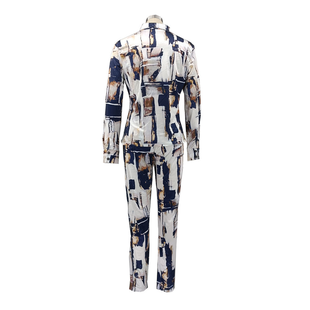 Glossy Irregular Printed Women's Shirt Pencil Pants Two Piece Set 11
