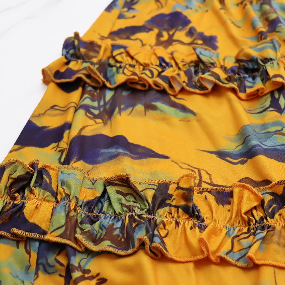 Women Deep V Sexy Camisole Ruffle Edge Print Backless Dress 17