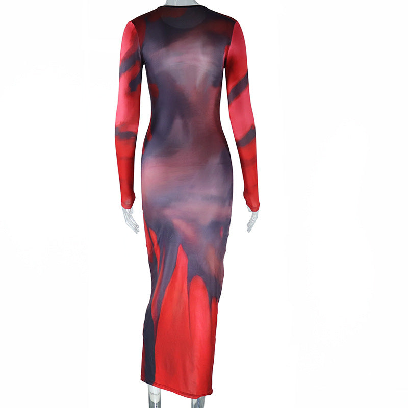 Trendy Women Street Fashion Printed Round Neck Pullover Long Sleeve Bodycon Casual Dress 11