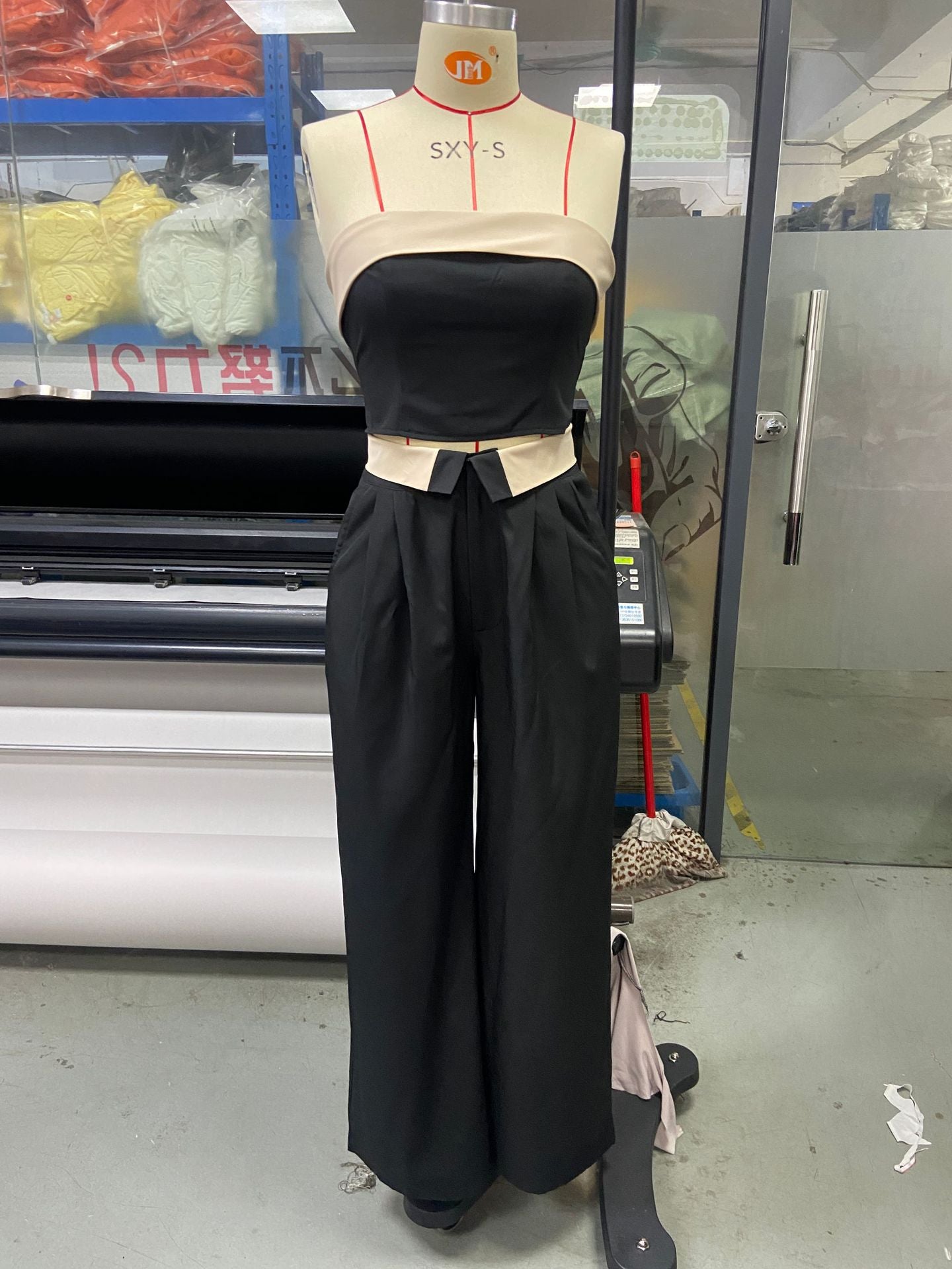 Spring Summer Suit Contrast Strapless Vest Wide-Leg Pants Fashionable Casual Two-Piece Set 8
