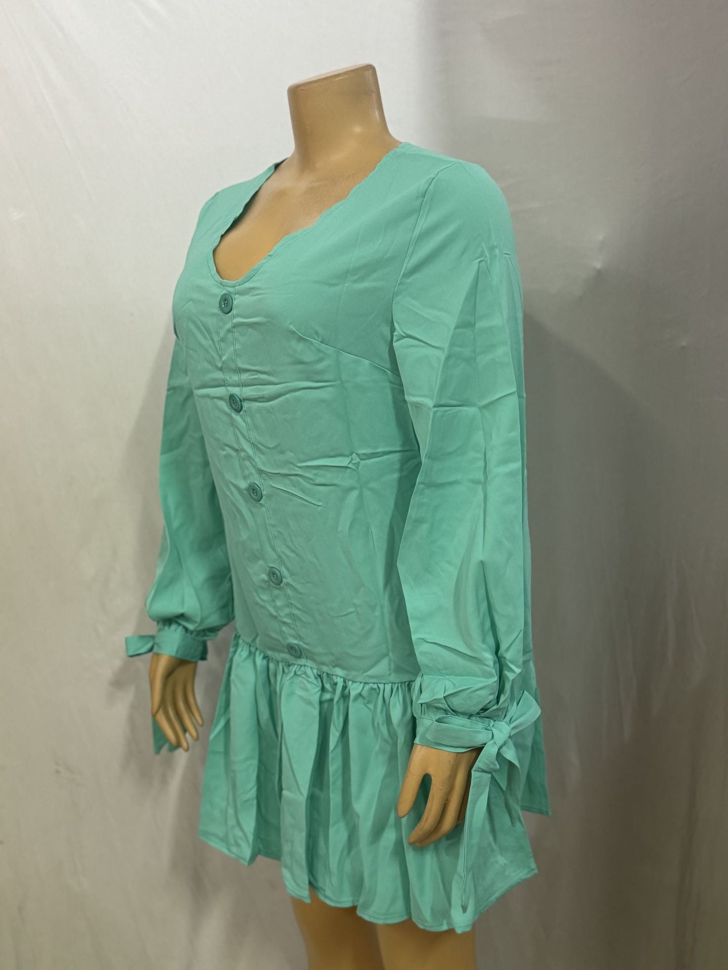 Women Casual U-neck Solid Long Sleeve Lace-Up Pleated Dress 9