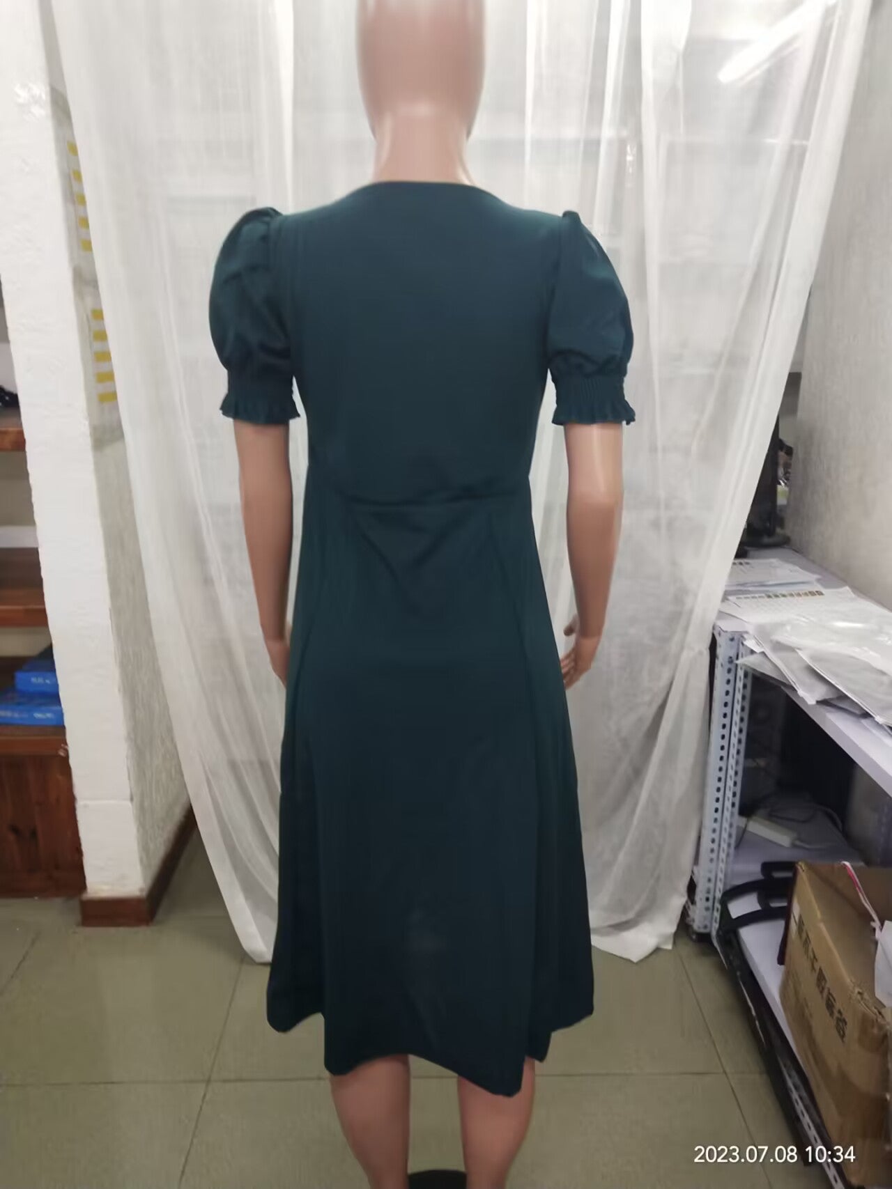 Women Summer French Style Puff Sleeve Square Neck Slit Long Dress 16