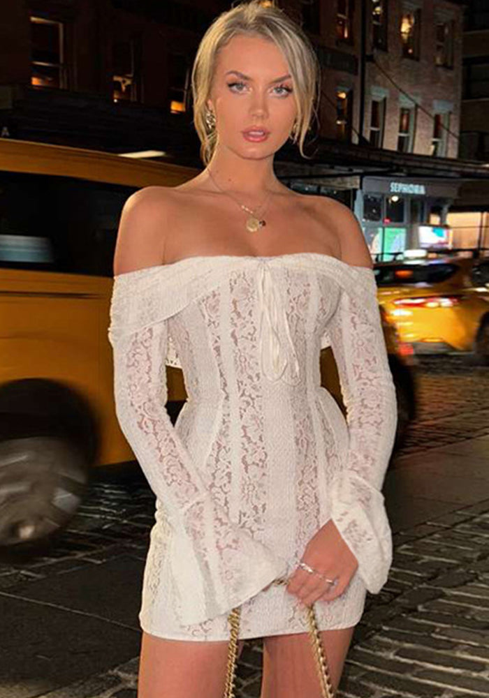 Women Off Shoulder Lace Long Sleeve Bodycon Dress