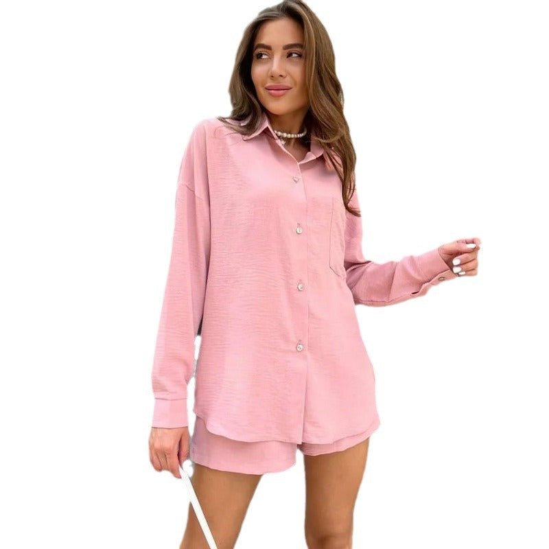 Women Casual Tie-Drawstring Summer Shirt and Shorts Two-Piece Set 7