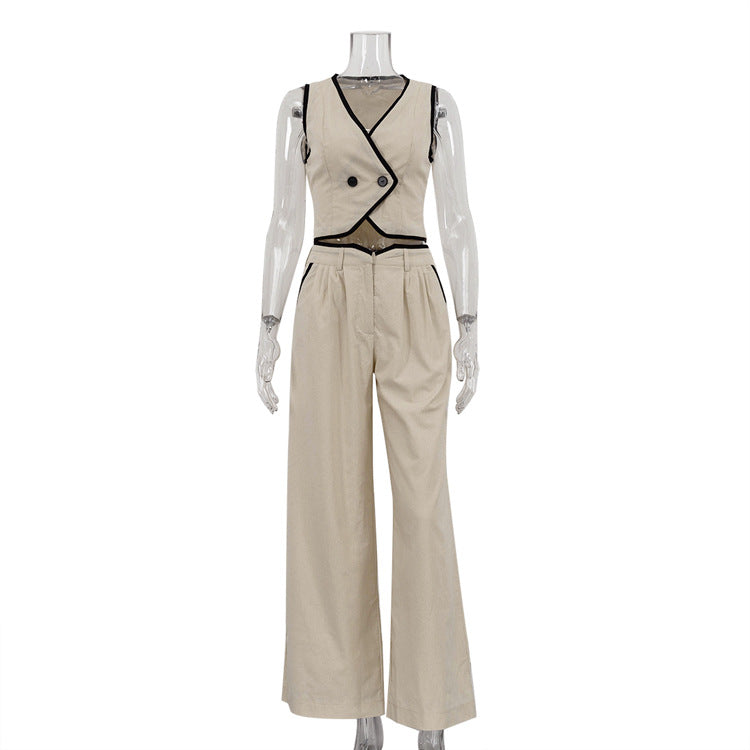 Color Matching Women's Sleeveless Vest Top High Waist Wide Leg Pants Two Piece Set 8